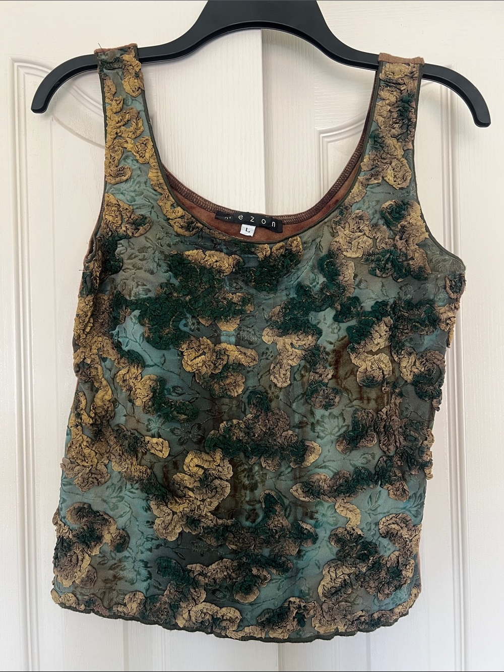 Mezon Green Sheer Floral Appliqué Tank with Gold Accents